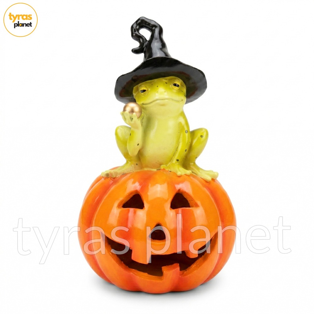 Candycorn Lane Resin Frog on Light Up Jackolantern Pumpkin Halloween Decor 13"